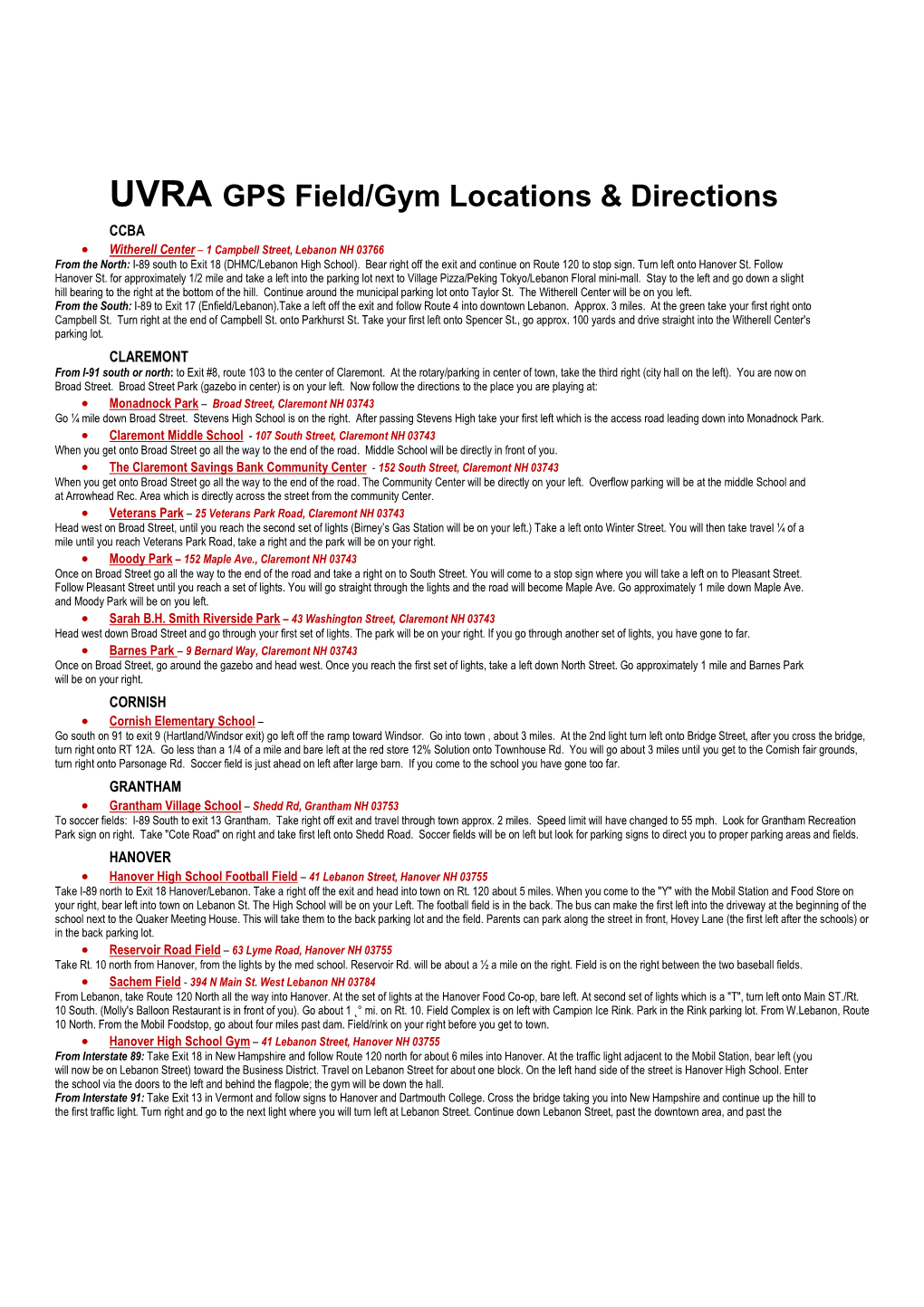 UVRA GPS Field/Gym Locations & Directions