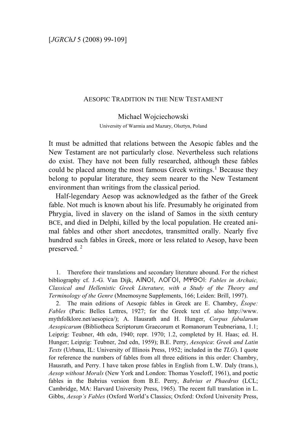 Aesopic Tradition in the New Testament