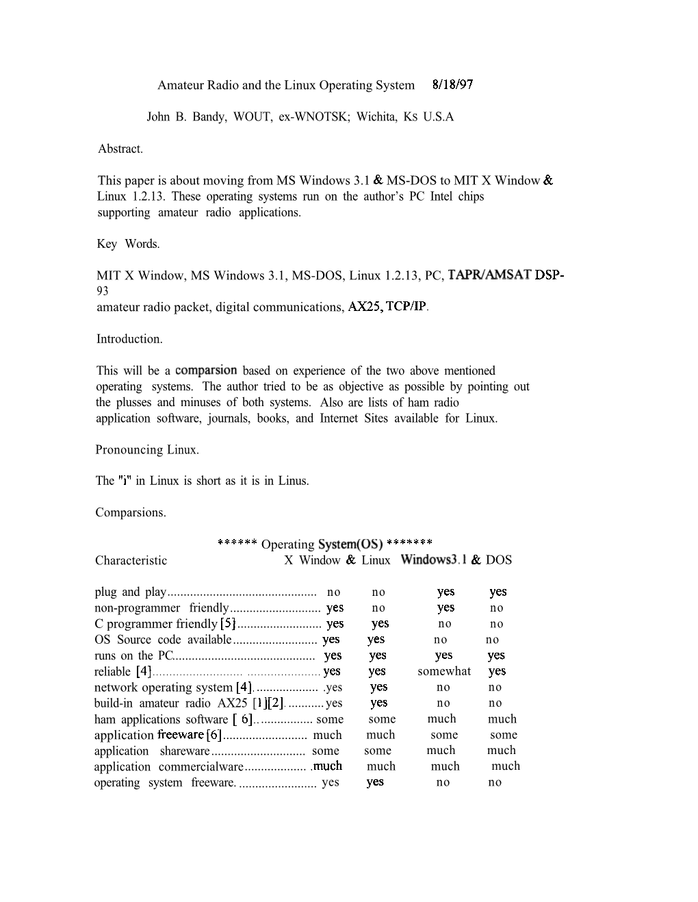 Amateur Radio and the Linux Operating System 8/18/97 John B