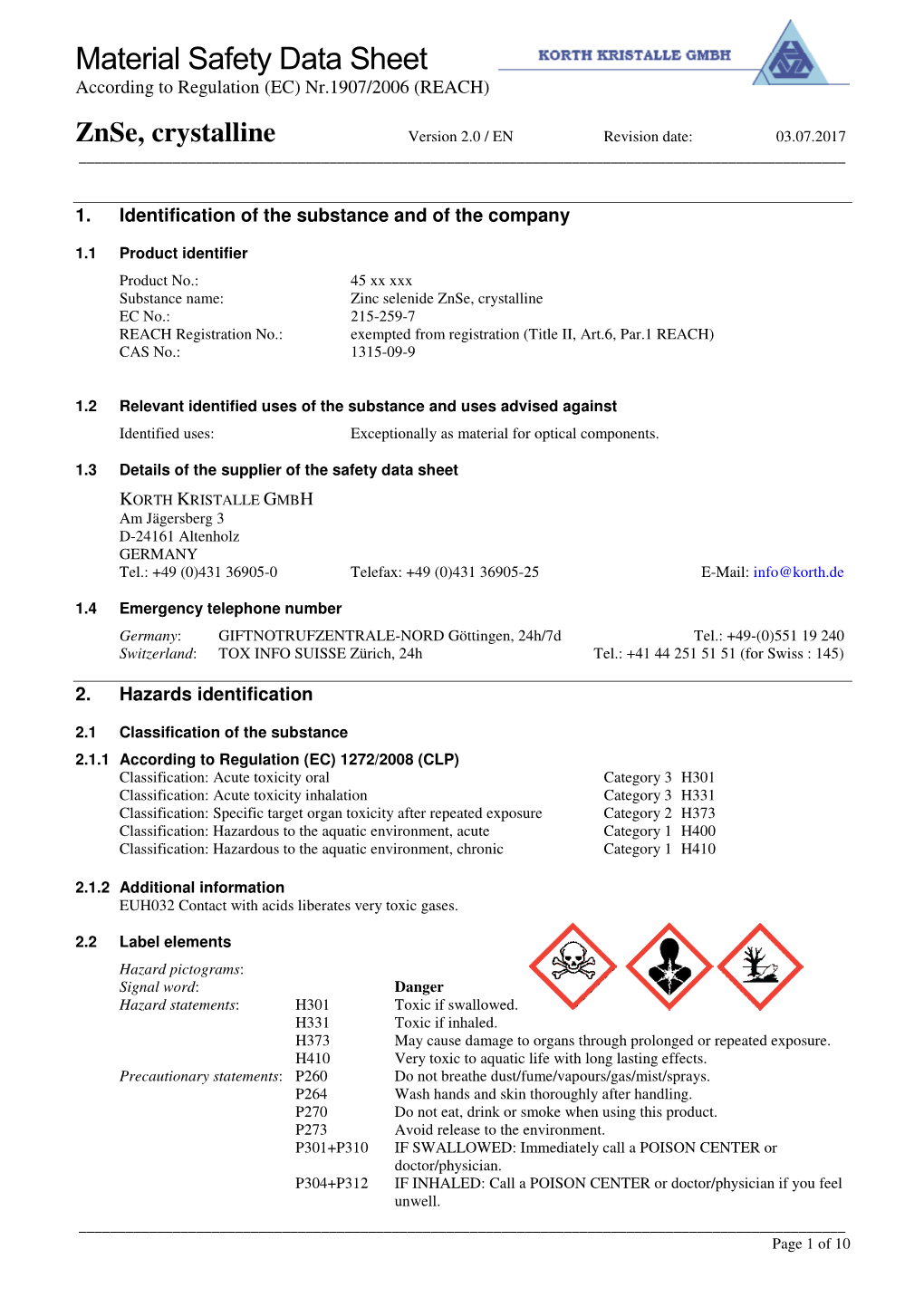 Material Safety Data Sheet According to Regulation (EC) Nr.1907/2006 (REACH)