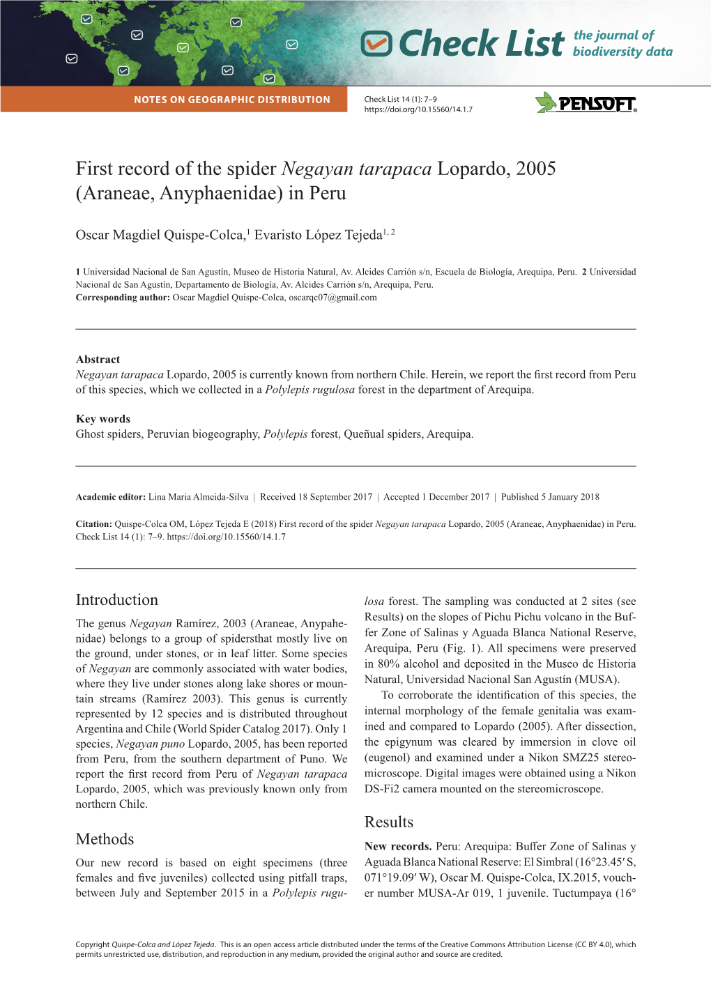 First Record of the Spider Negayan Tarapaca Lopardo, 2005 (Araneae, Anyphaenidae) in Peru