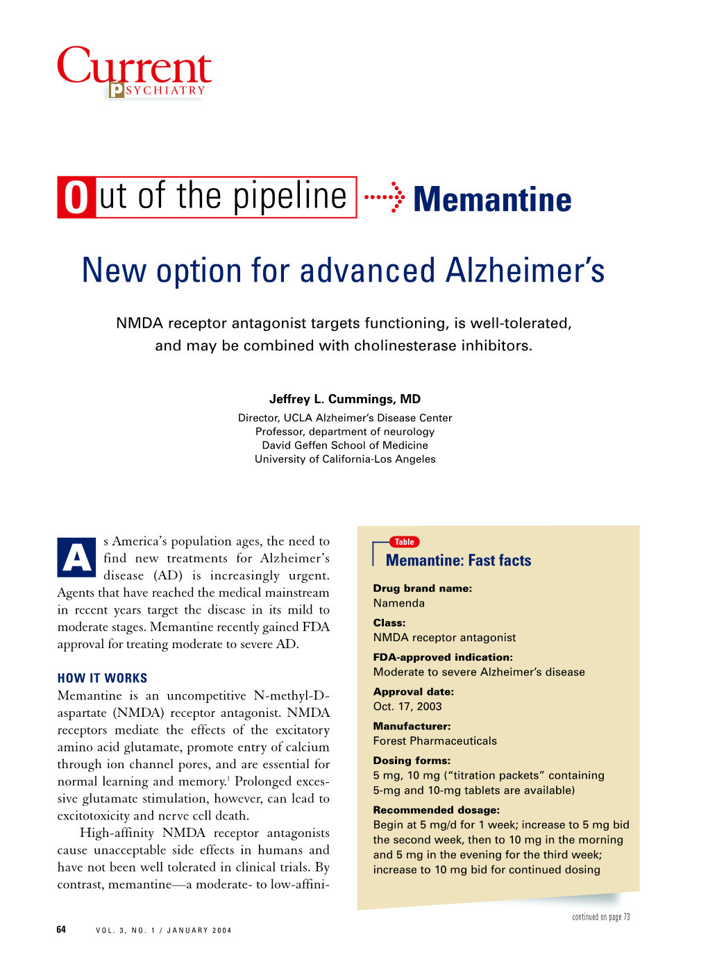 Memantine New Option for Advanced Alzheimer’S