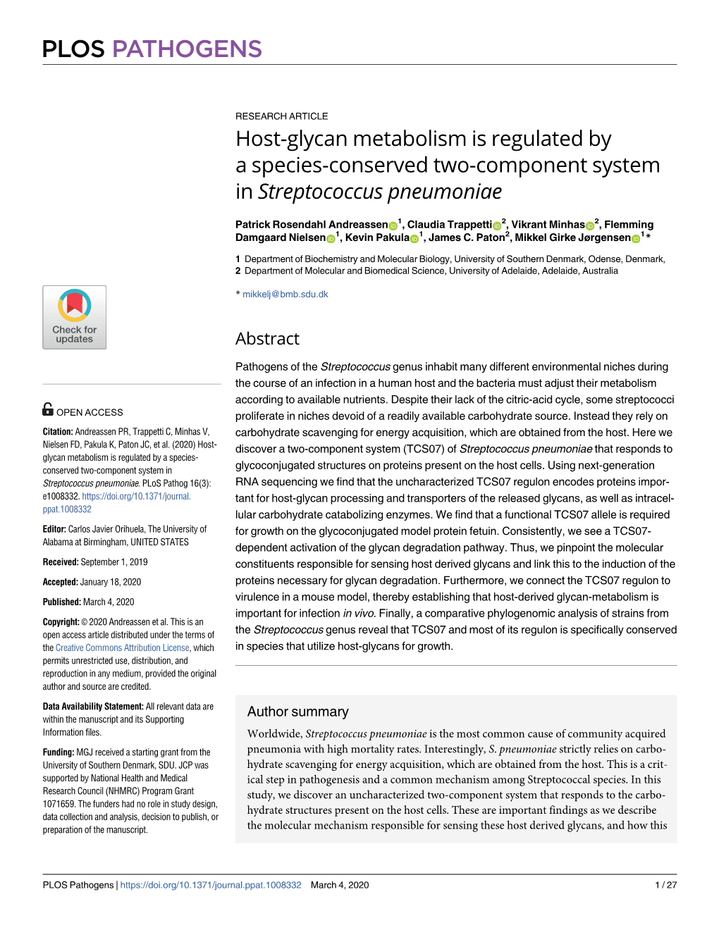 Host-Glycan Metabolism Is Regulated by a Species-Conserved Two-Component System in Streptococcus Pneumoniae