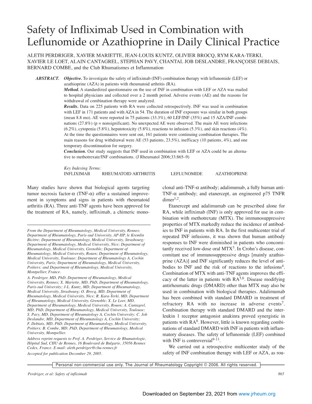 Safety of Infliximab Used in Combination with Leflunomide Or Azathioprine in Daily Clinical Practice