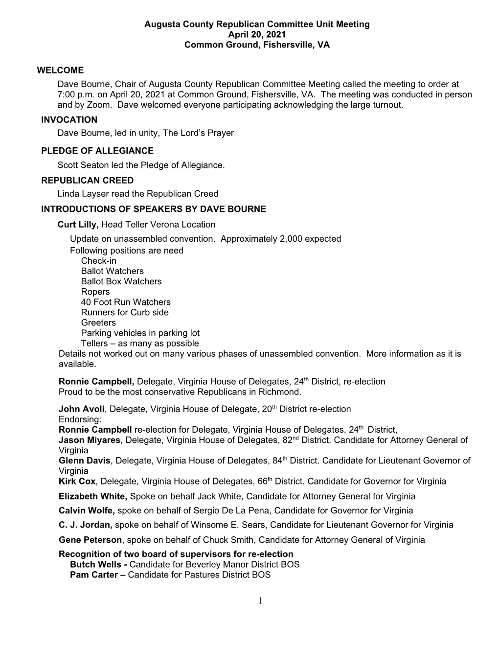 Augusta County Republican Committee Unit Meeting April 20, 2021 Common Ground, Fishersville, VA