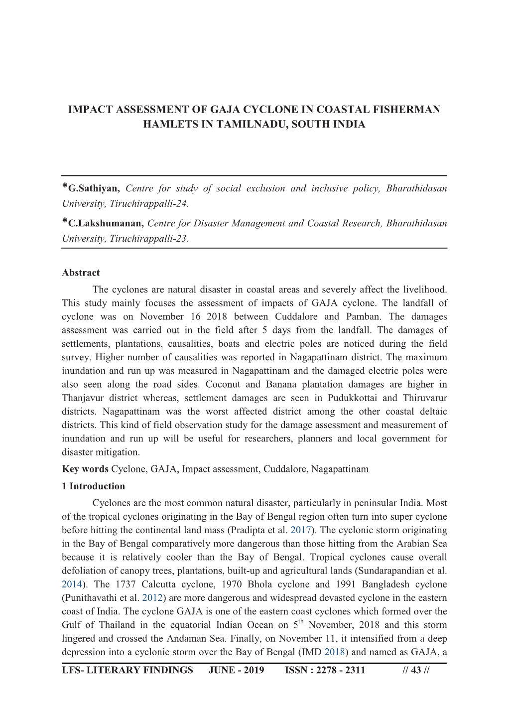 Impact Assessment of Gaja Cyclone in Coastal Fisherman Hamlets in Tamilnadu, South India