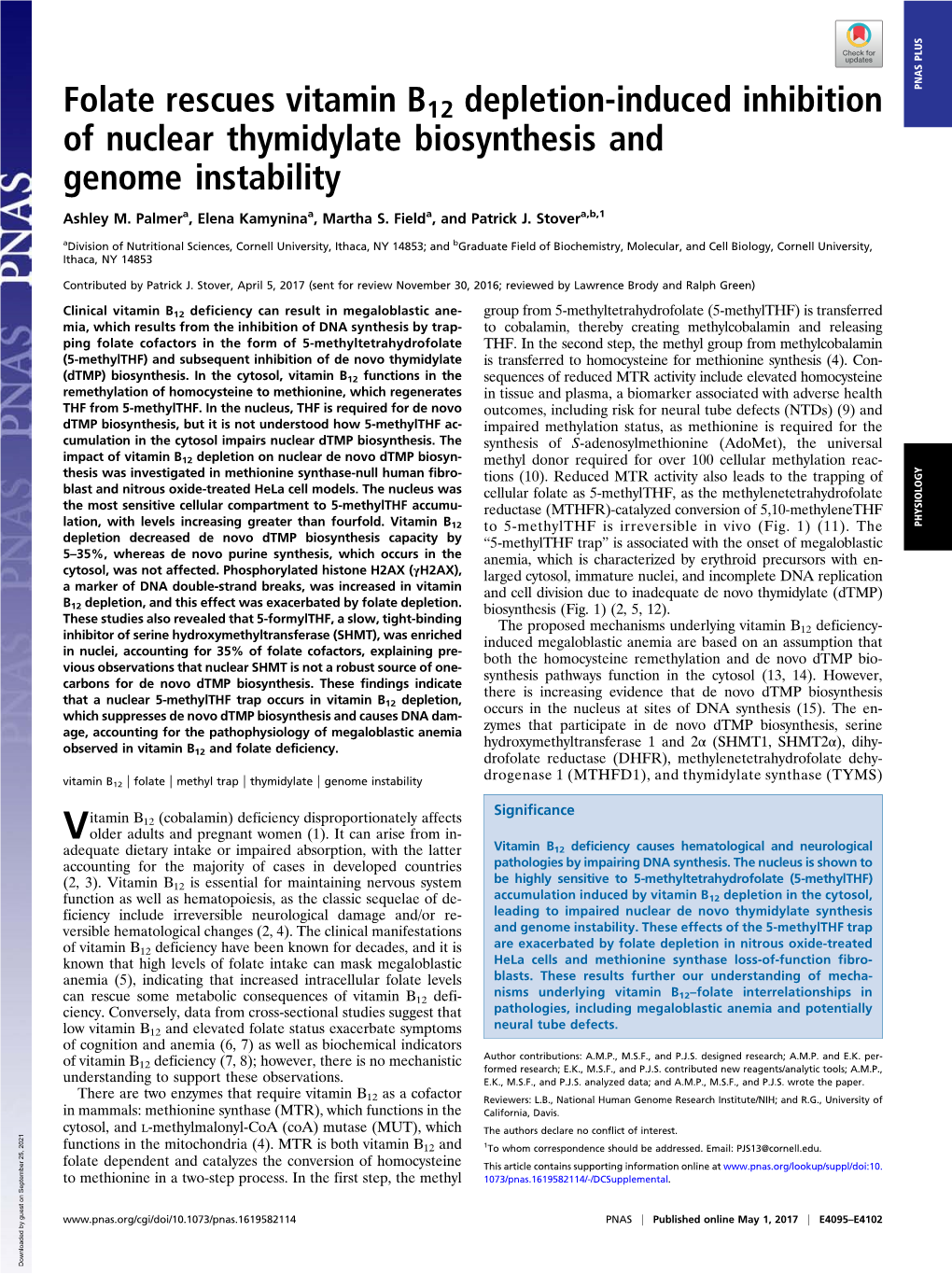 Folate Rescues Vitamin B12 Depletion-Induced Inhibition of Nuclear Thymidylate Biosynthesis and Genome Instability