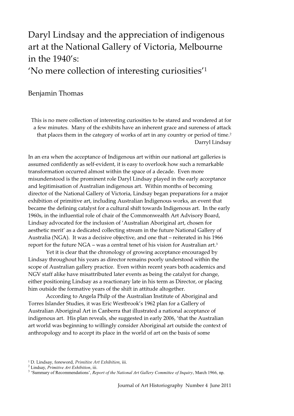 Daryl Lindsay and the Appreciation of Indigenous Art at the National Gallery of Victoria, Melbourne in the 1940’S: ‘No Mere Collection of Interesting Curiosities’1