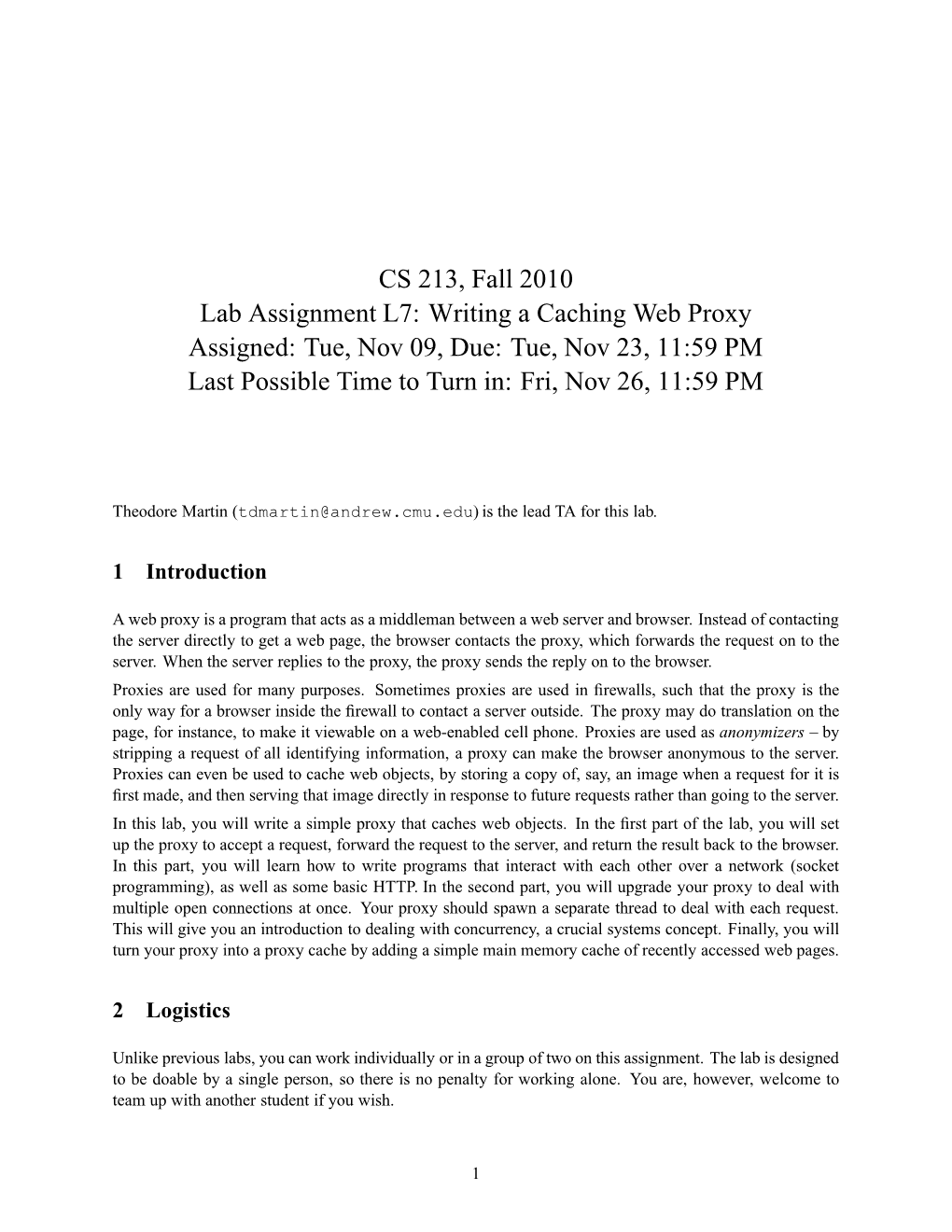 CS 213, Fall 2010 Lab Assignment L7: Writing a Caching Web Proxy