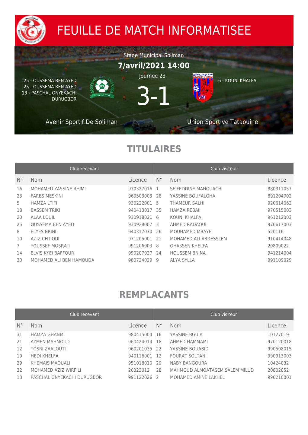 Feuille De Match Informatisee