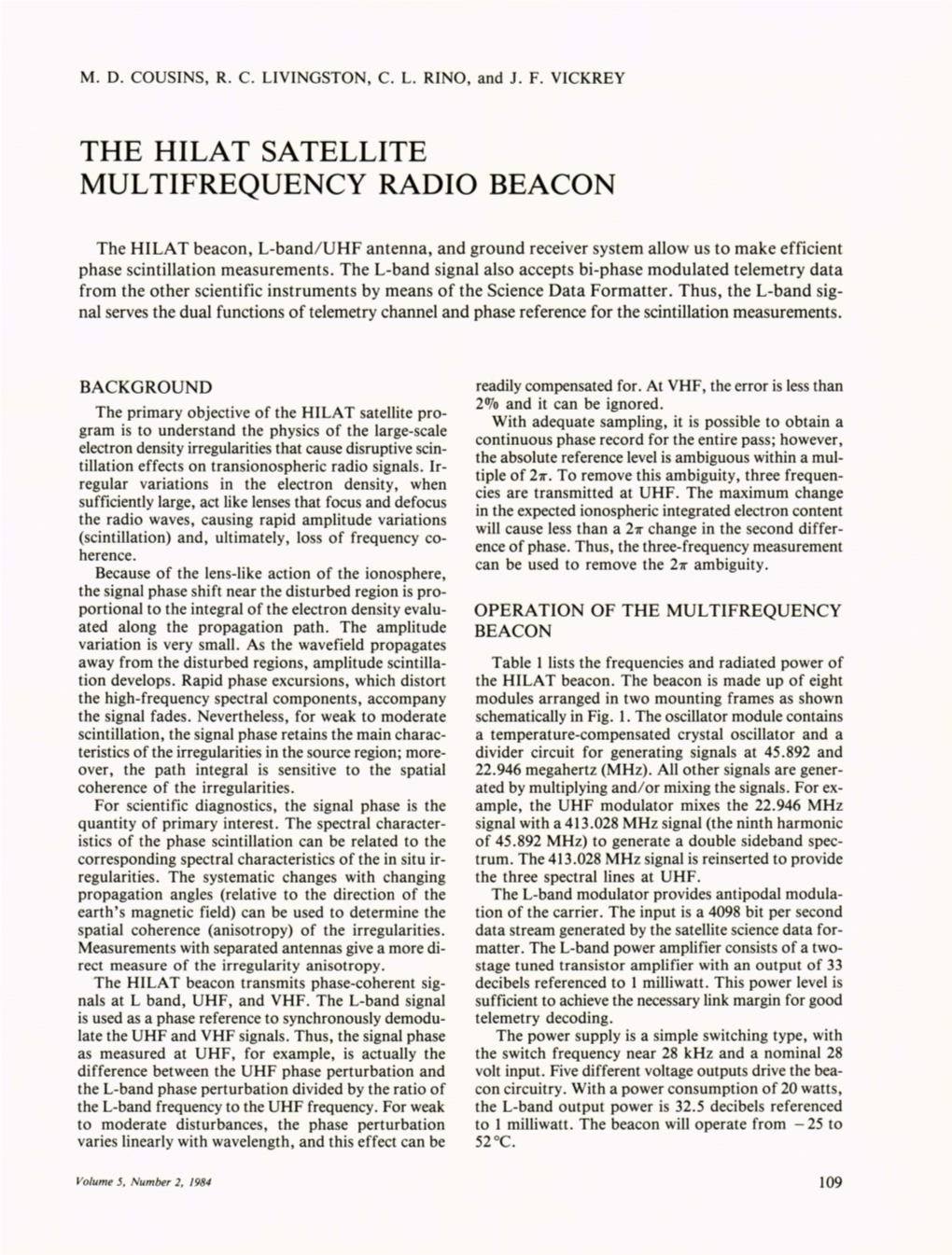 The HILAT Satellite Multifrequency Radio Beacon