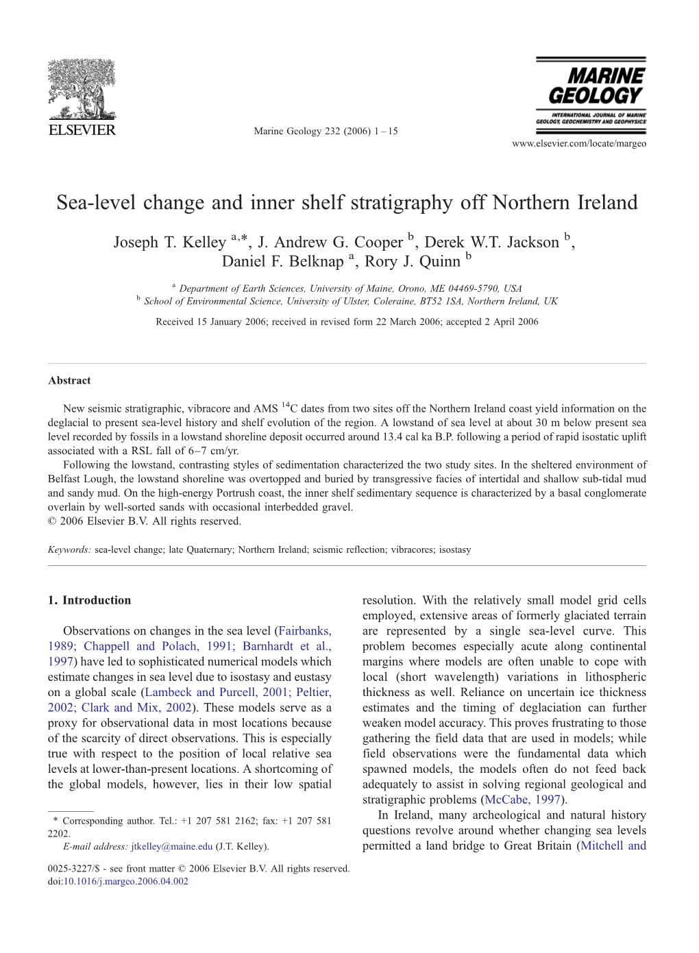 Sea-Level Change and Inner Shelf Stratigraphy Off Northern Ireland ⁎ Joseph T