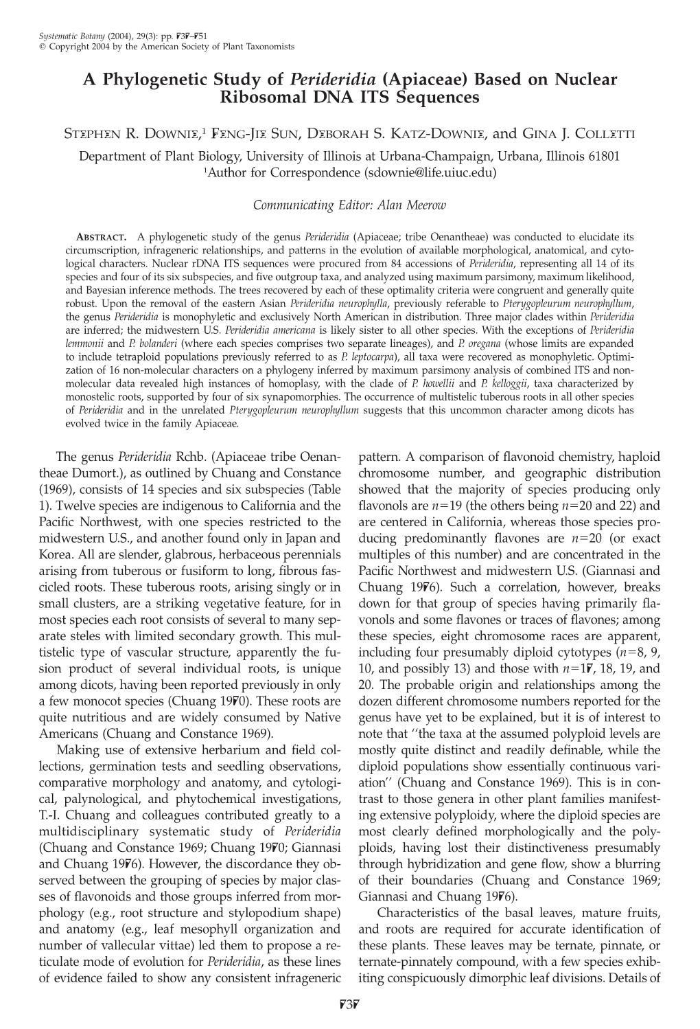 A Phylogenetic Study of Perideridia (Apiaceae) Based on Nuclear Ribosomal DNA ITS Sequences