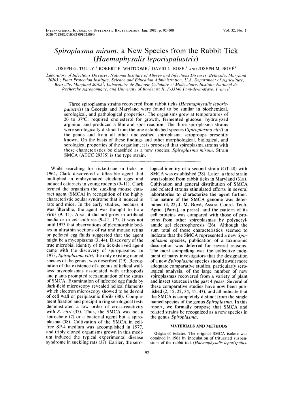 Spiroplasma Mirum, a New Species from the Rabbit Tick (Haemaphysalis Leporispalustris)