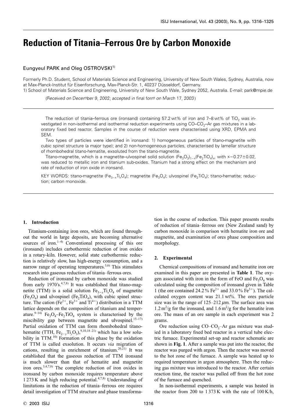 Reduction of Titania-Ferrous Ore by Carbon Monoxide