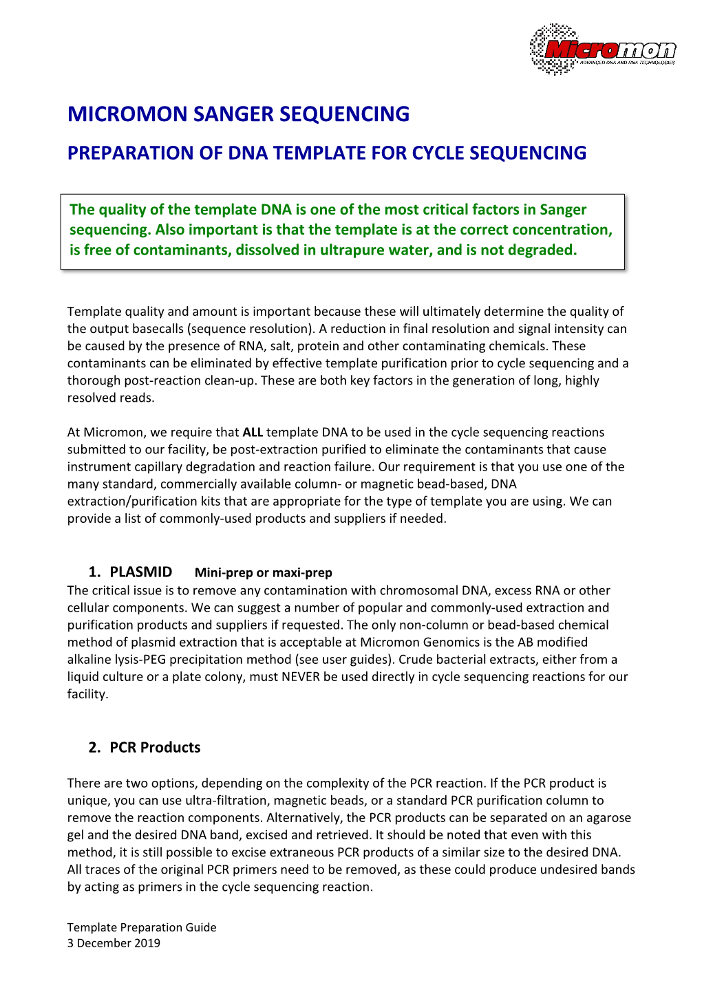 Guide for Preparing Purified Template DNA for Sanger Sequencing
