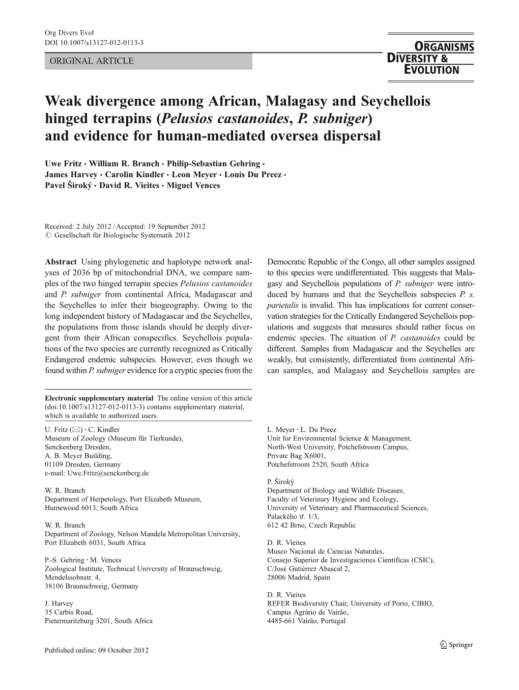 Weak Divergence Among African, Malagasy and Seychellois Hinged Terrapins (Pelusios Castanoides, P