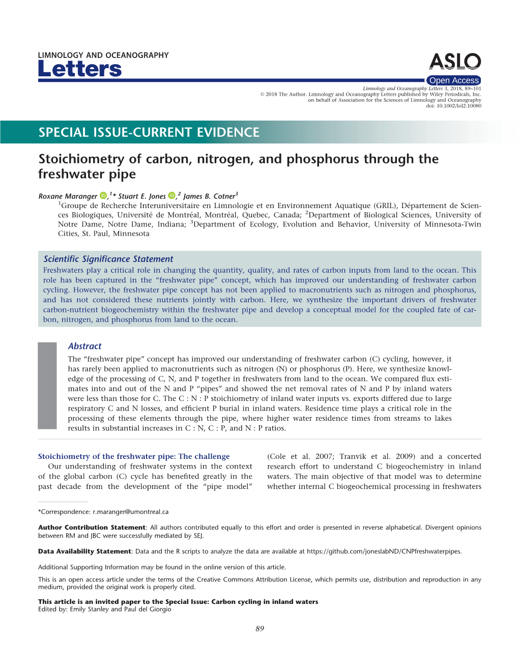 Stoichiometry of Carbon, Nitrogen, and Phosphorus Through the Freshwater Pipe