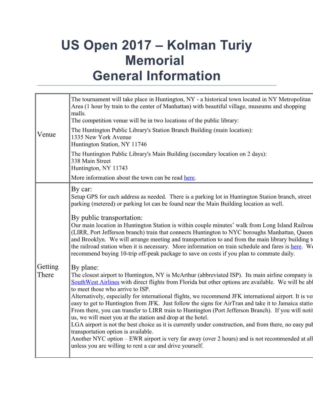 US Open 2017 Kolman Turiy Memorial General Information