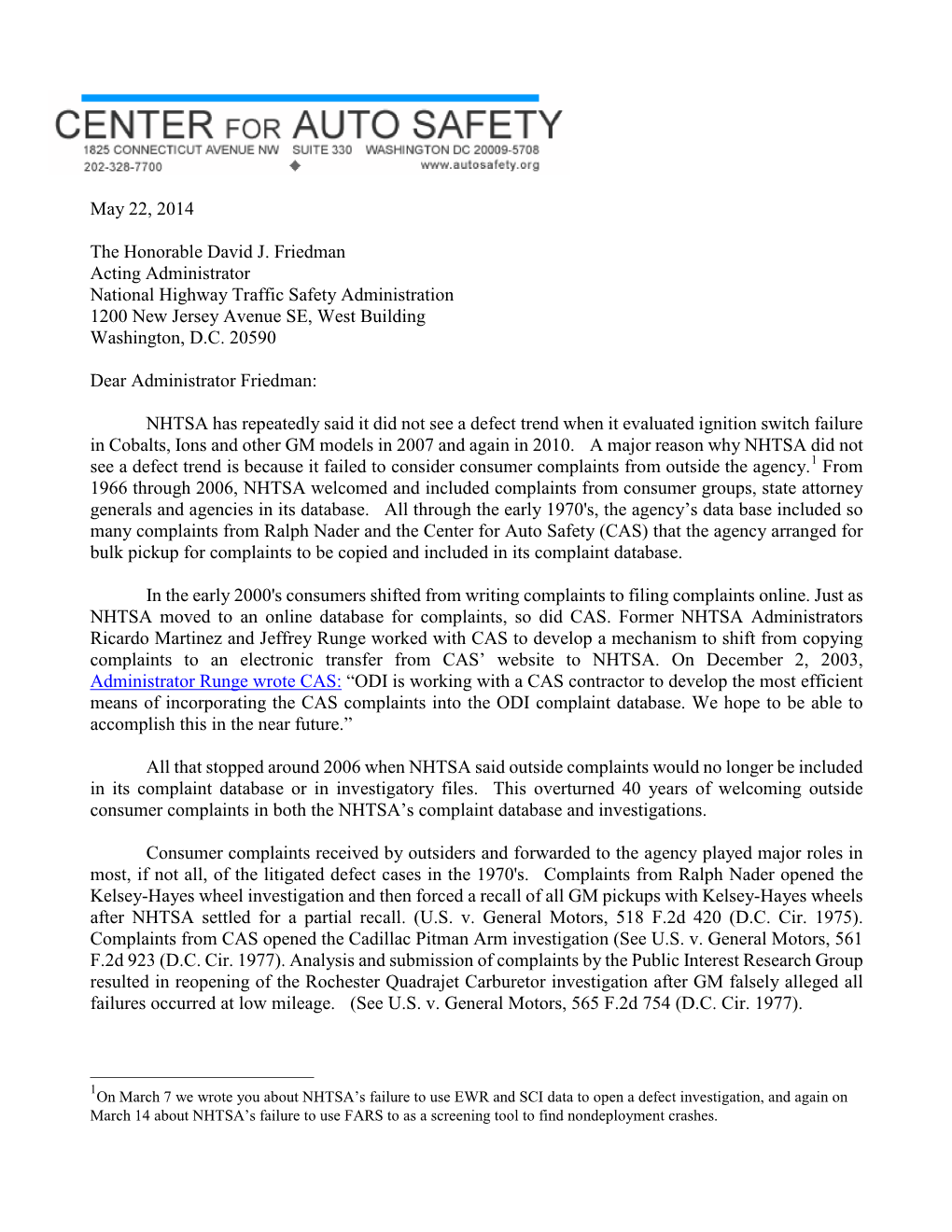 CAS Letter to NHTSA Administrator Friedman