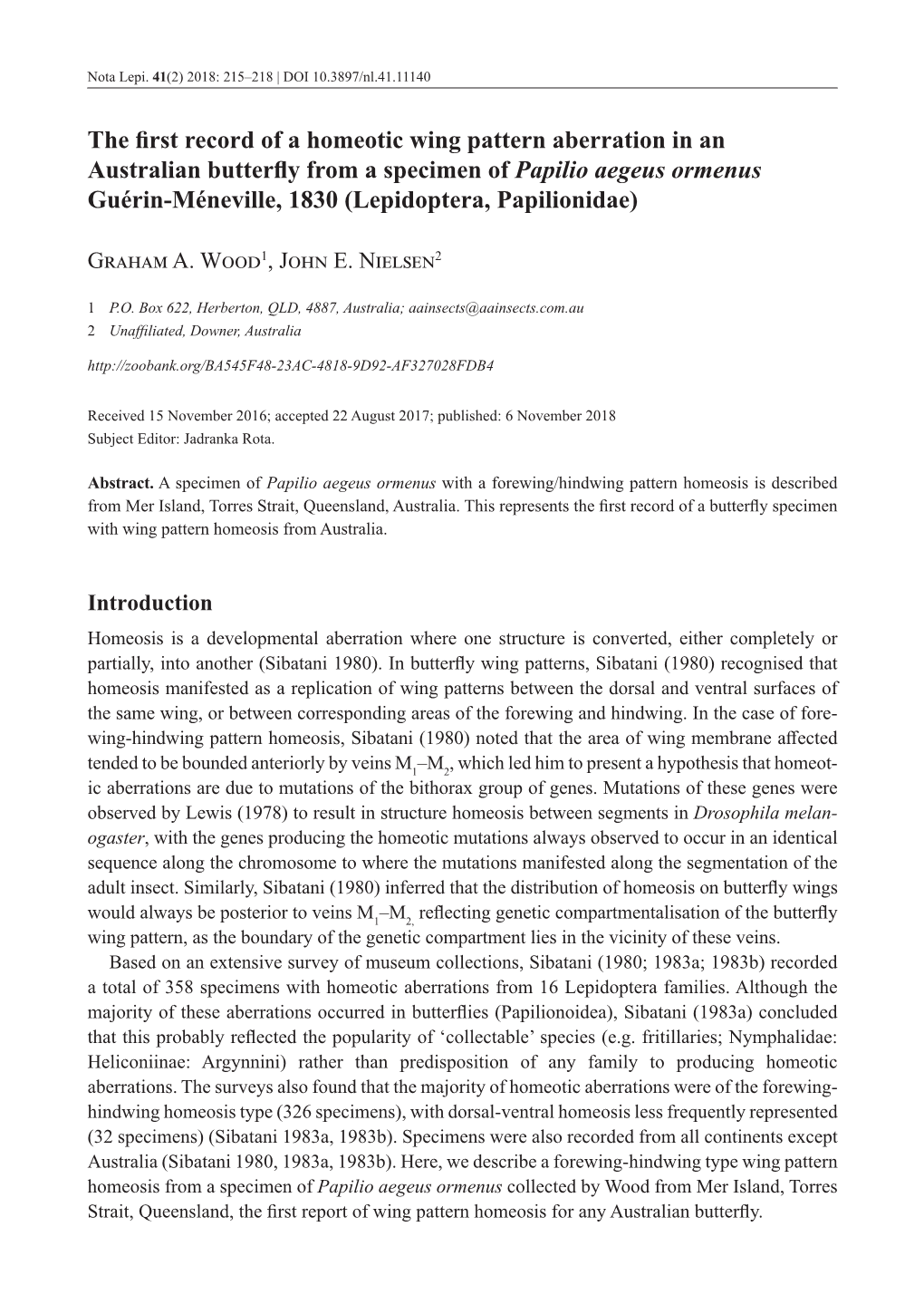 The First Record of a Homeotic Wing Pattern Aberration in an Australian