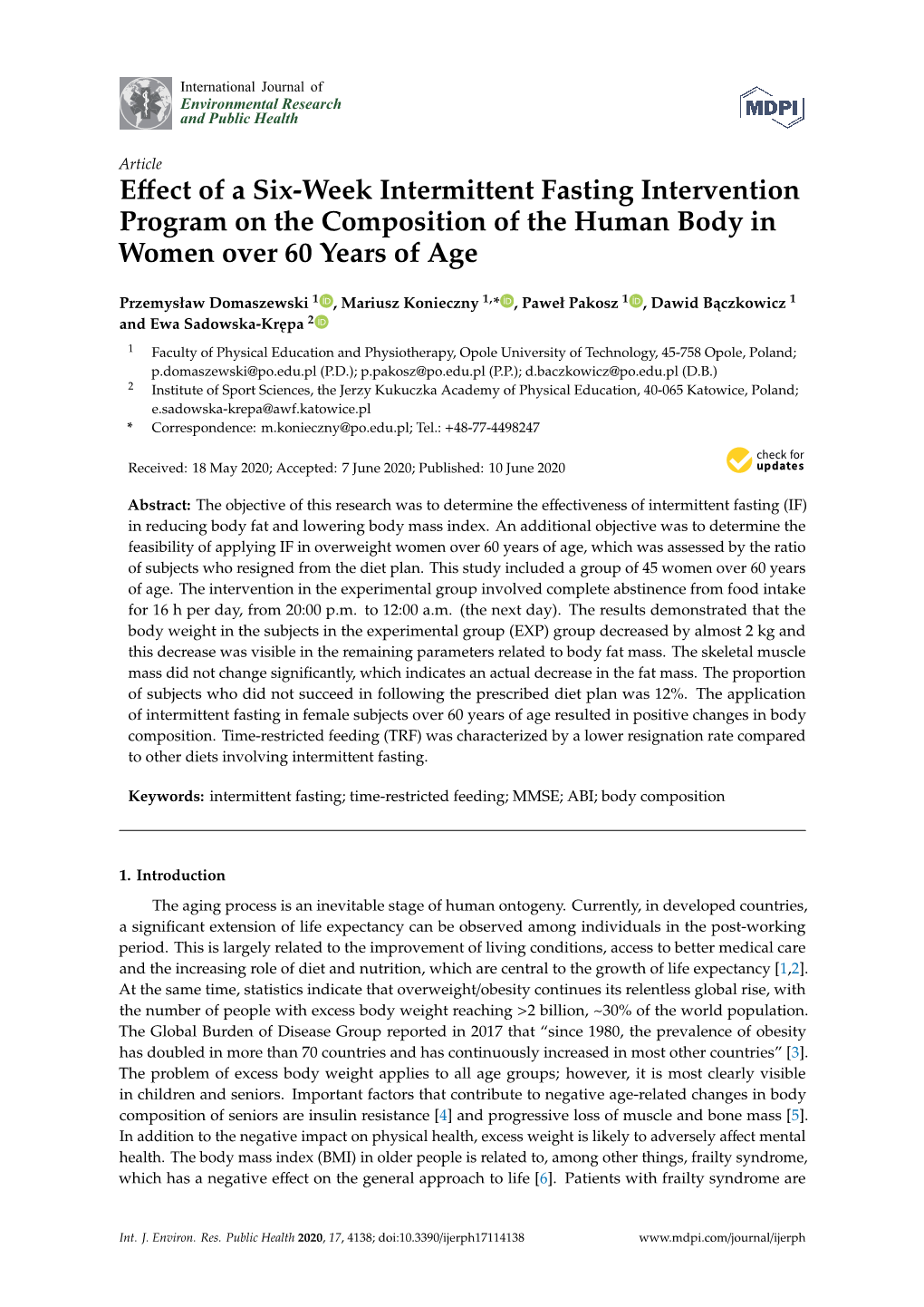 Effect of a Six-Week Intermittent Fasting Intervention Program on the Composition of the Human Body in Women Over 60 Years of Ag