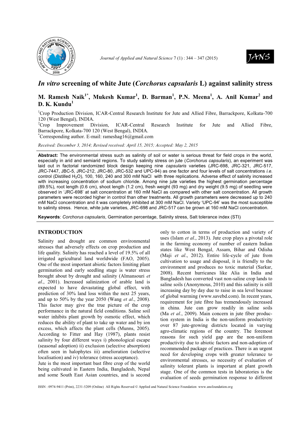 Corchorus Capsularis L) Against Salinity Stress