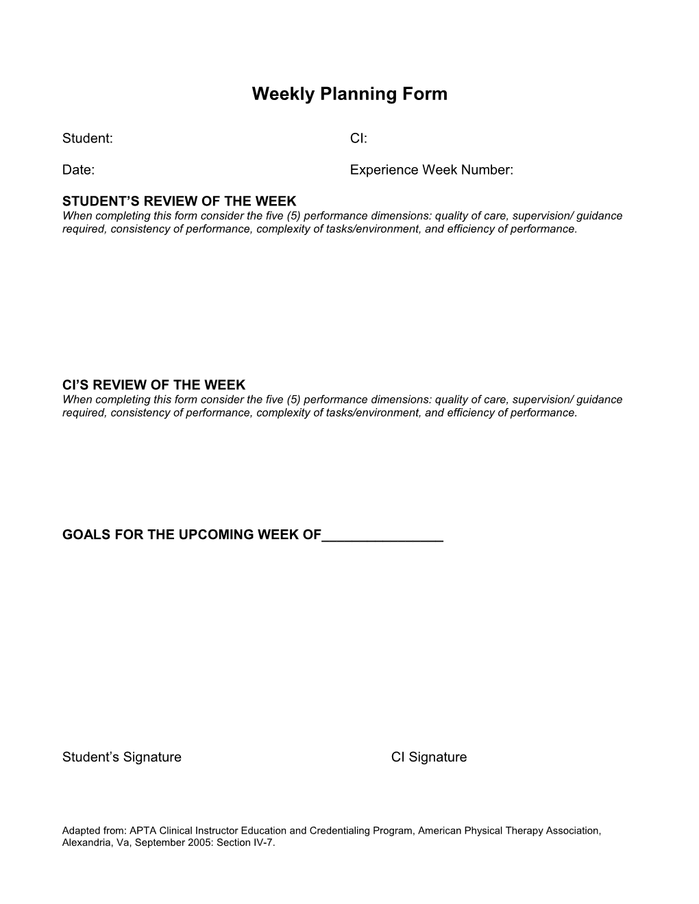 PT Clinical Education Weekly Planning Form