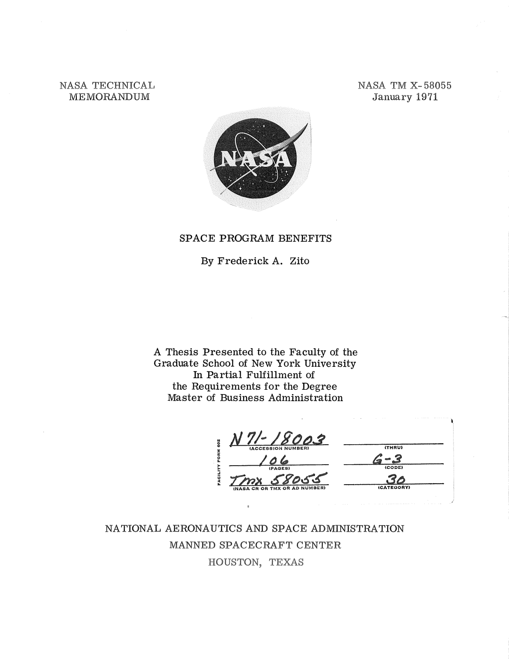 Memoizpandum NASA TM X- 58055 Janmry 1911 SPACE PROGRAM