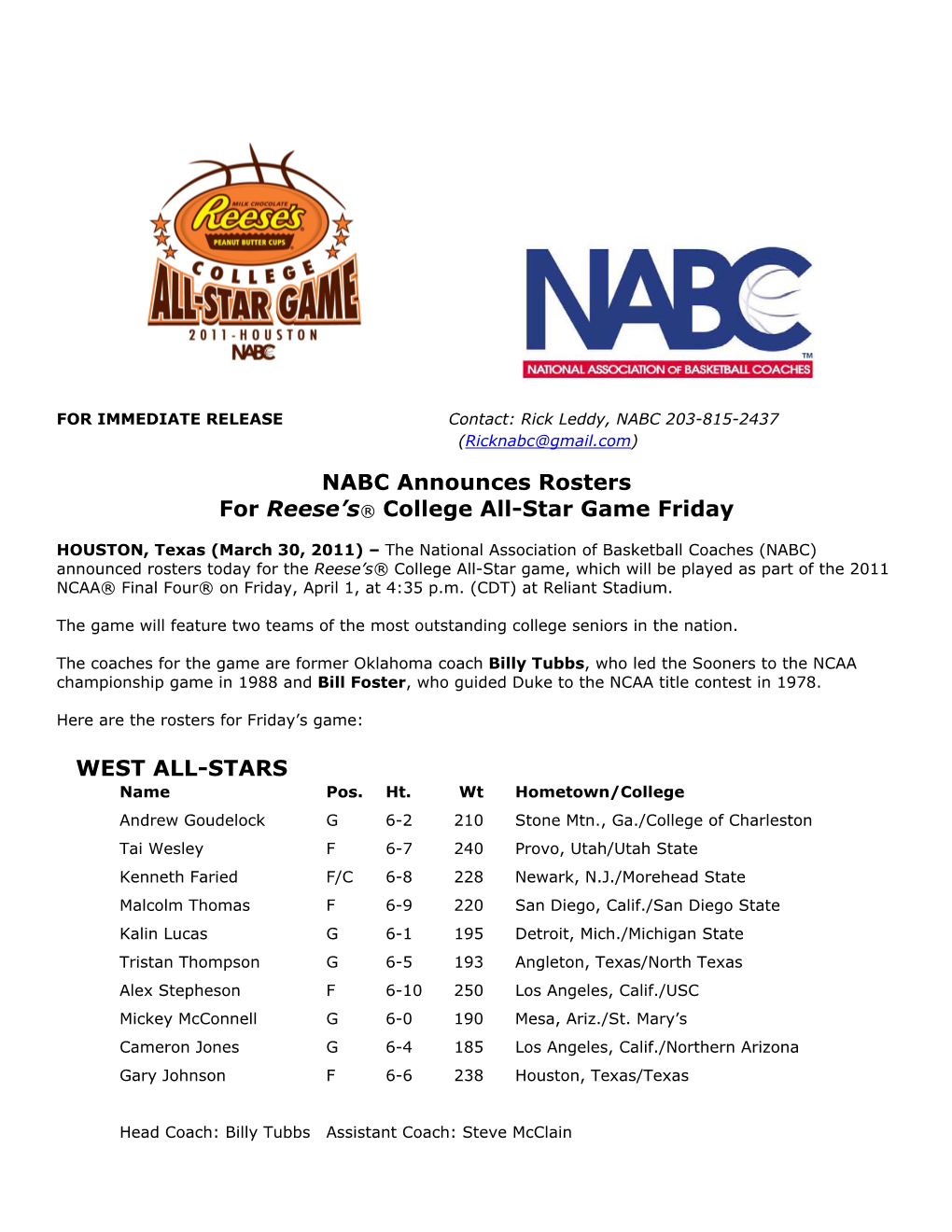 NABC Announces Rosters for Reese's® College All