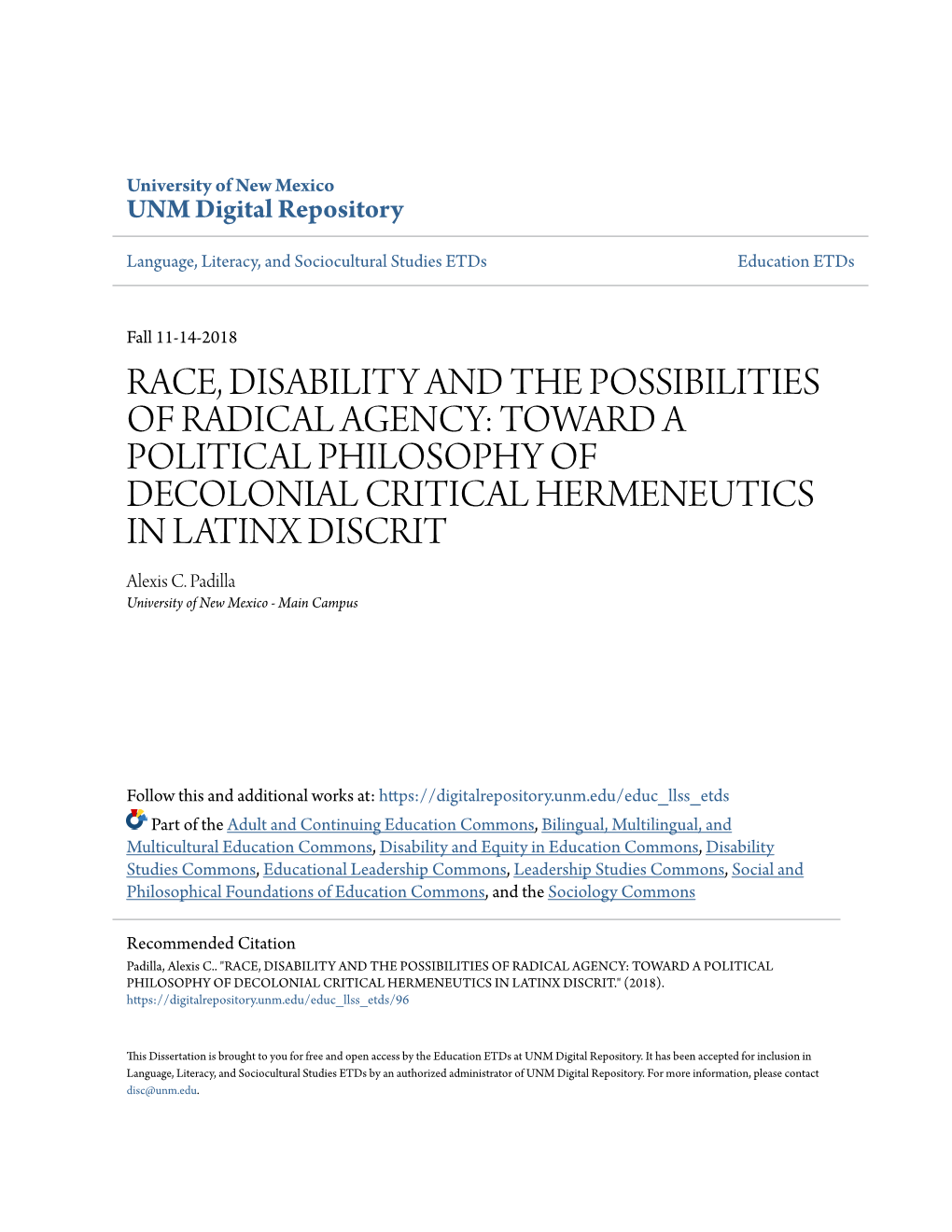 TOWARD a POLITICAL PHILOSOPHY of DECOLONIAL CRITICAL HERMENEUTICS in LATINX DISCRIT Alexis C