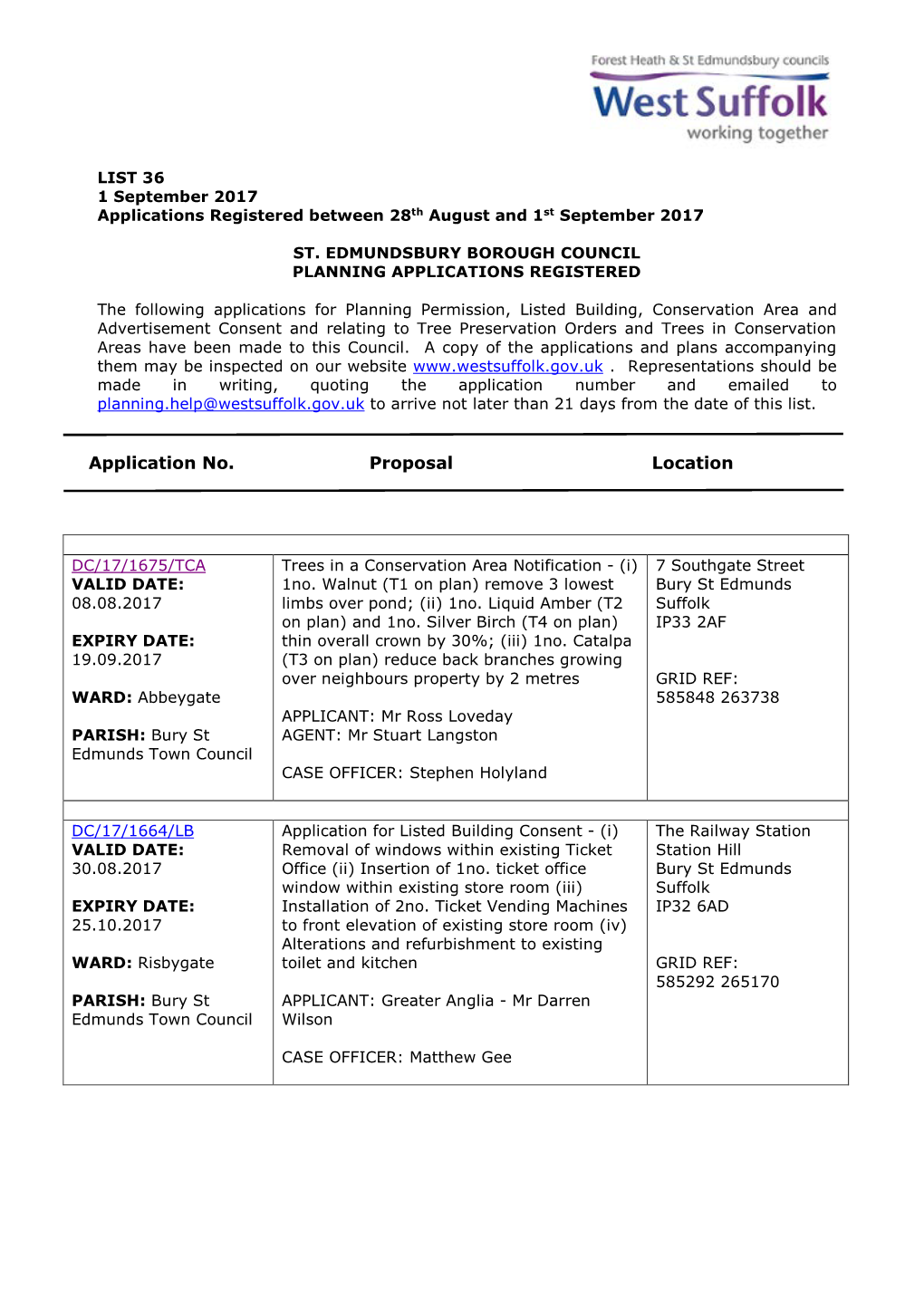 SEBC Planning Applications 36/17