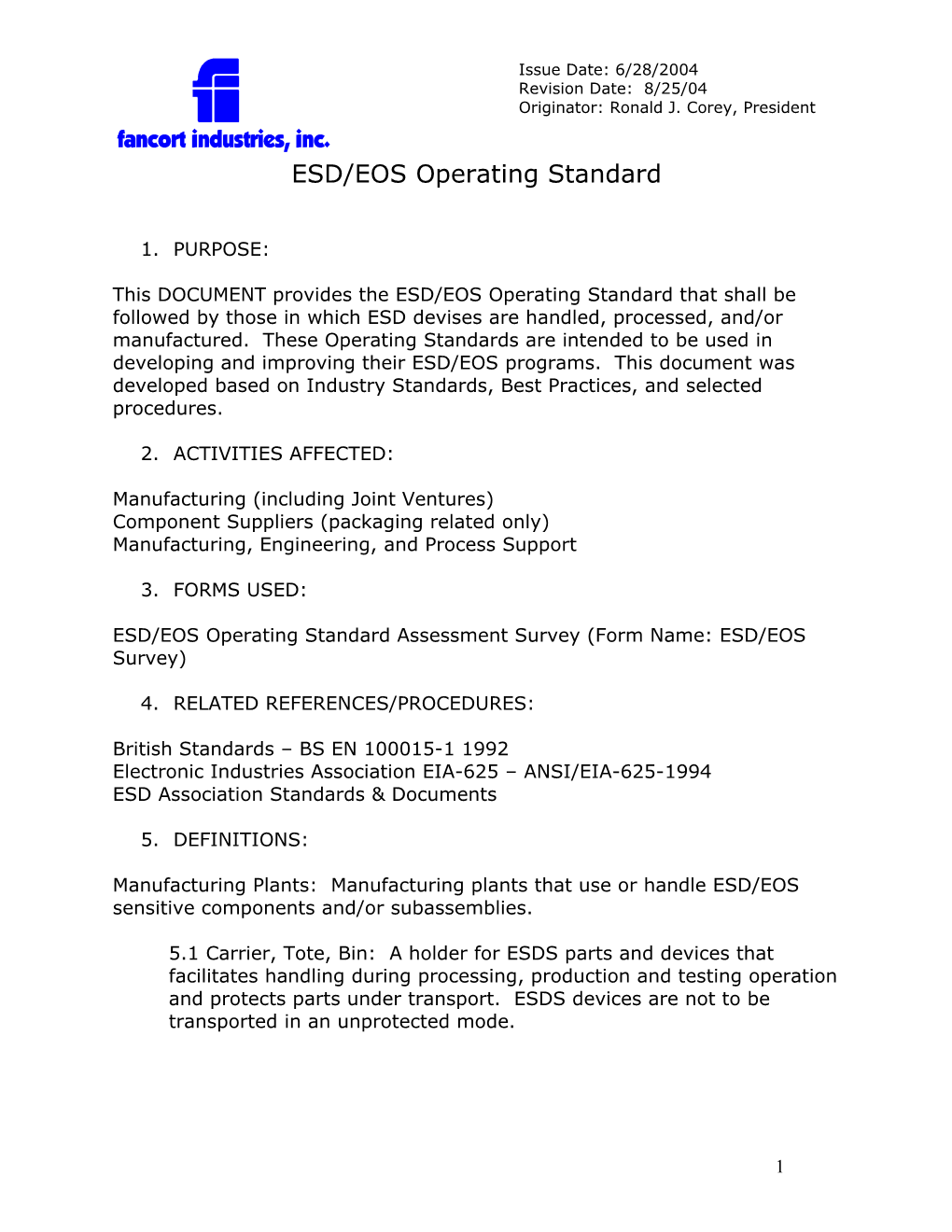 ESD/EOS Operating Standard