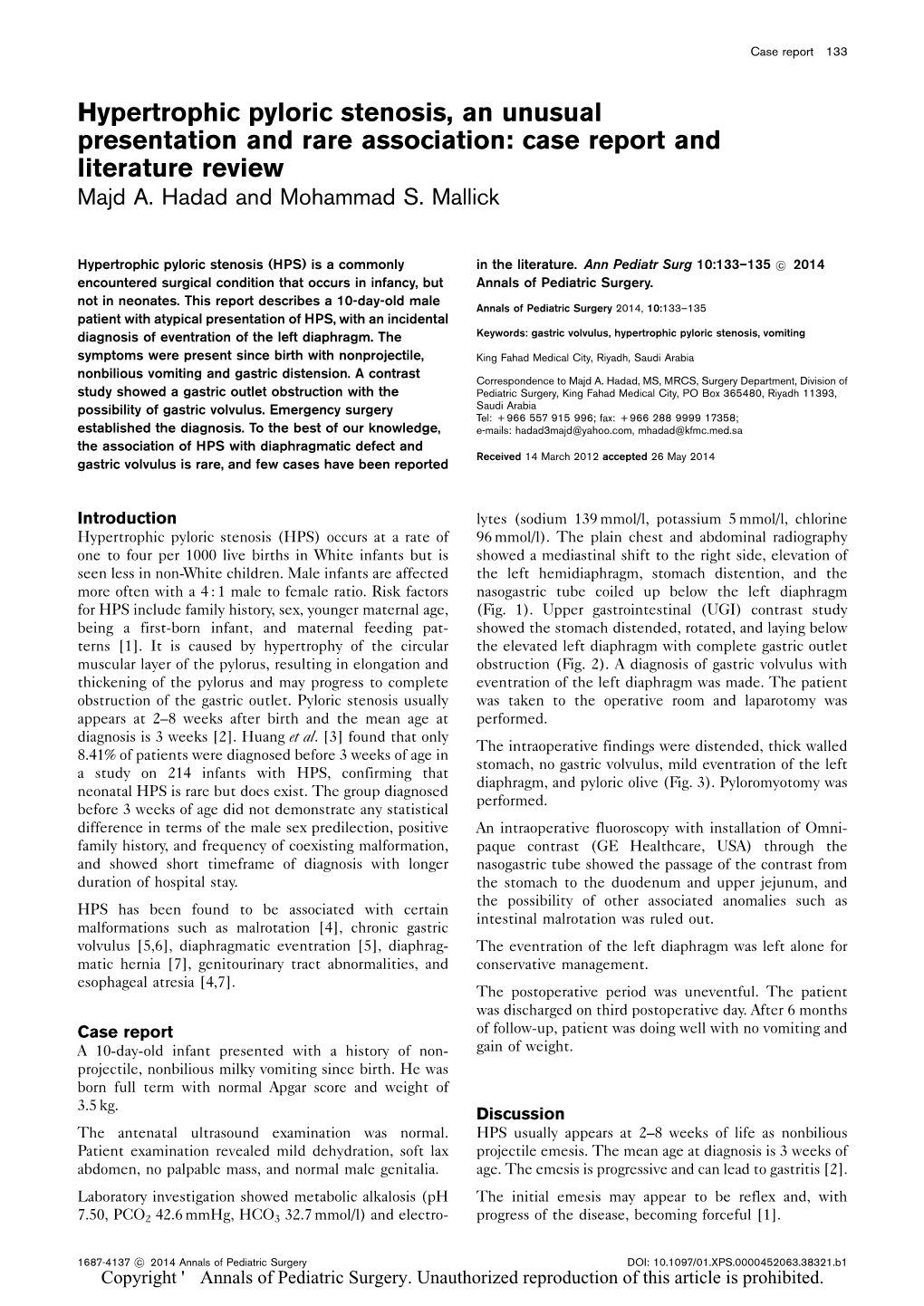 Hypertrophic Pyloric Stenosis, an Unusual Presentation and Rare Association: Case Report and Literature Review Majd A