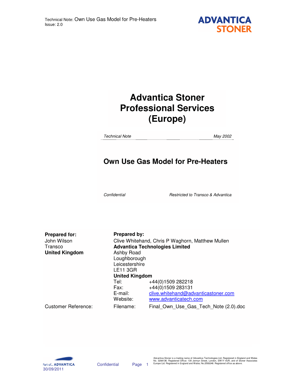 Own Use Gas Model for Pre-Heaters Issue: 2.0