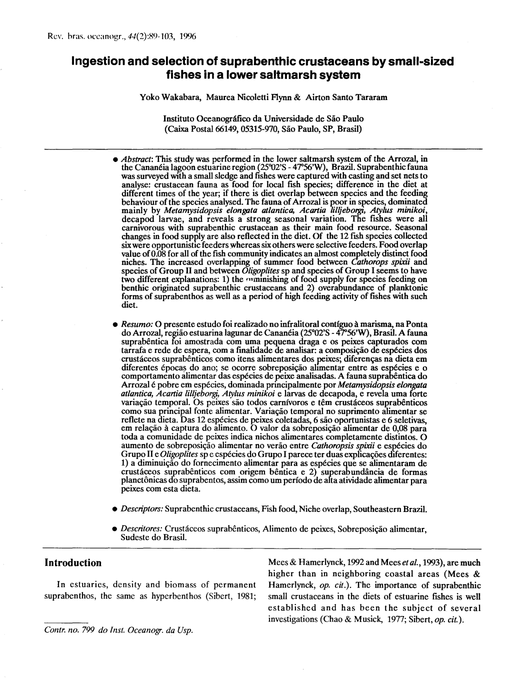 Ingestion and Selection 01Suprabenthic Crustaceans by Small-Sized Lishes in a Lower Saltmarsh System