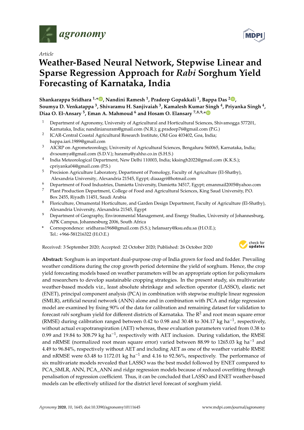 Weather-Based Neural Network, Stepwise Linear and Sparse Regression Approach for Rabi Sorghum Yield Forecasting of Karnataka, India