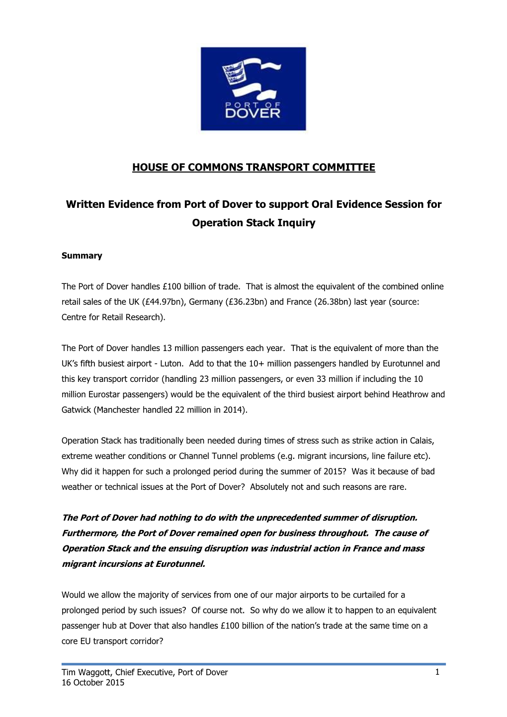 Written Evidence from the Port of Dover for Operation Stack