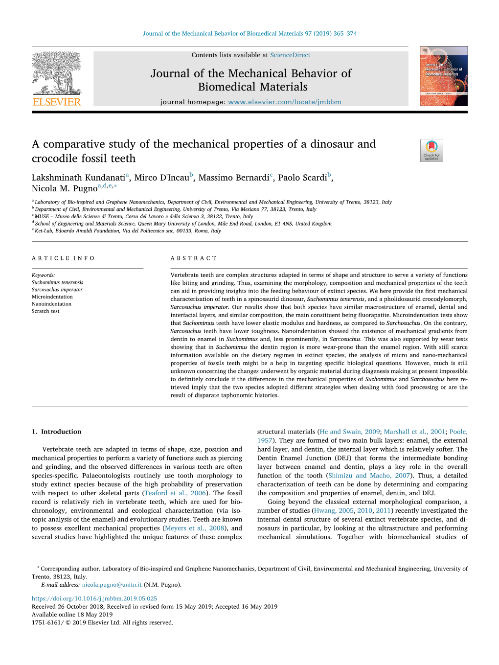 A Comparative Study of the Mechanical Properties of a Dinosaur and Crocodile Fossil Teeth T