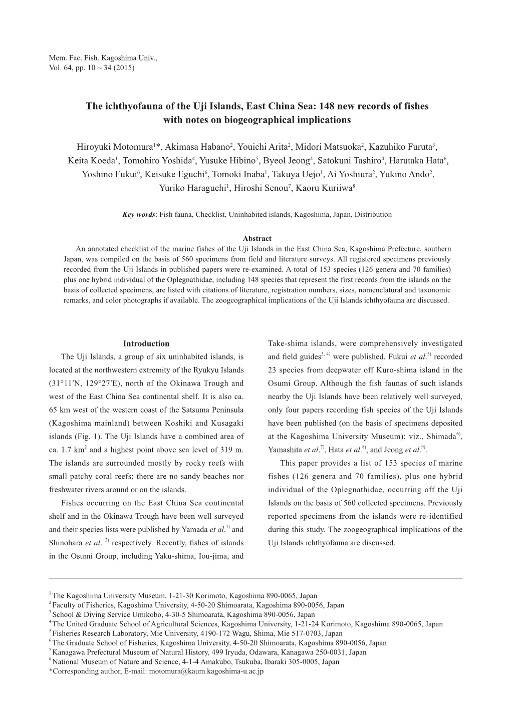 The Ichthyofauna of the Uji Islands, East China Sea: 148 New Records of Fishes with Notes on Biogeographical Implications