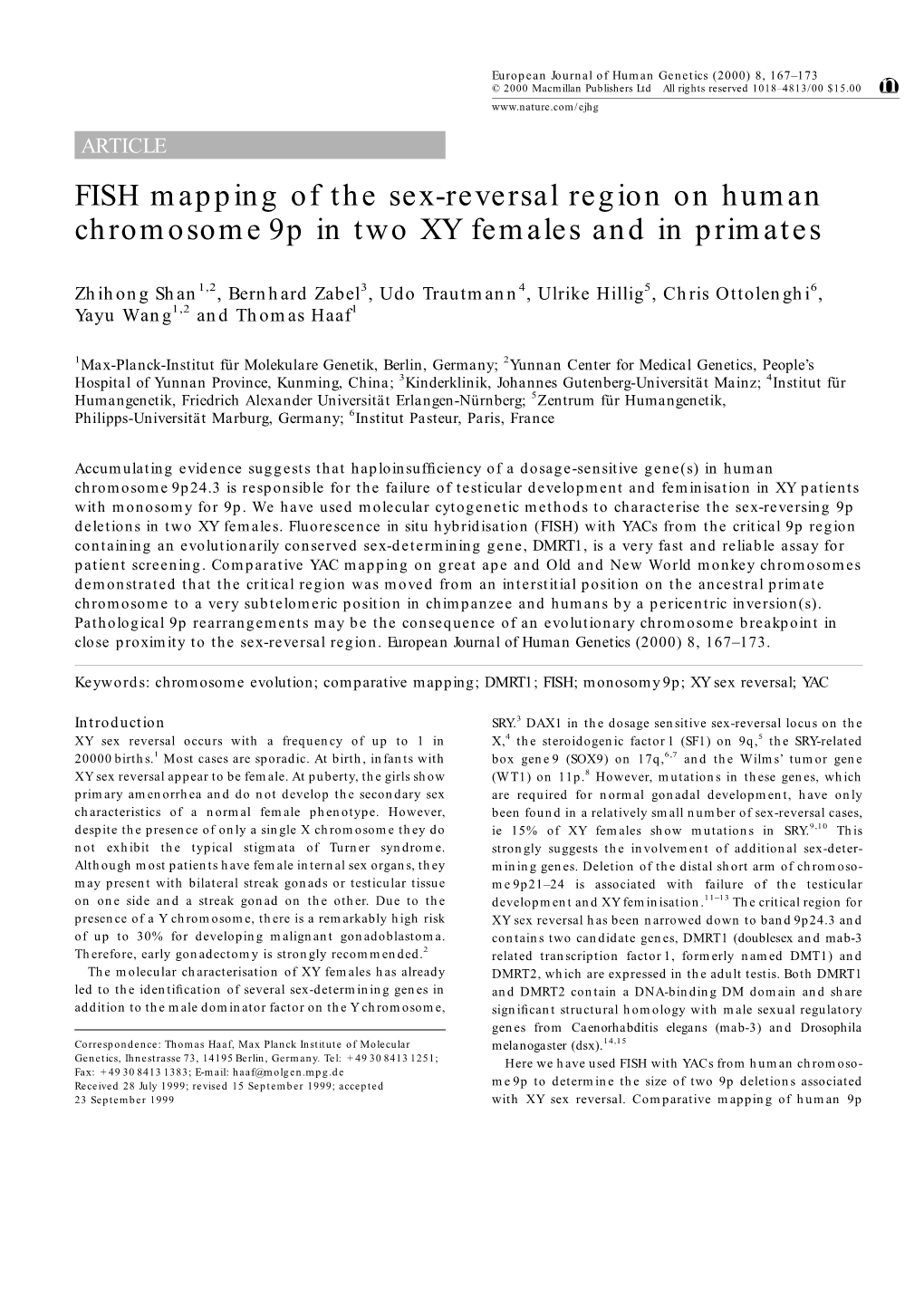 FISH Mapping of the Sex-Reversal Region on Human Chromosome 9P in Two XY Females and in Primates