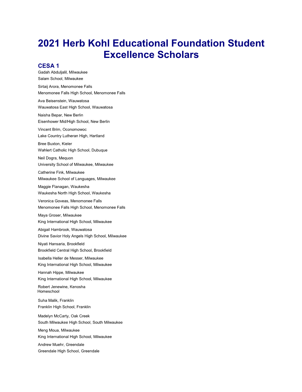 2021 Herb Kohl Educational Foundation Student Excellence