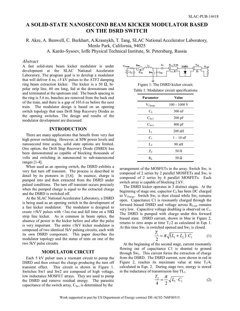 A Solid-State Nanosecond Beam Kicker Modulator Based on the Dsrd Switch R