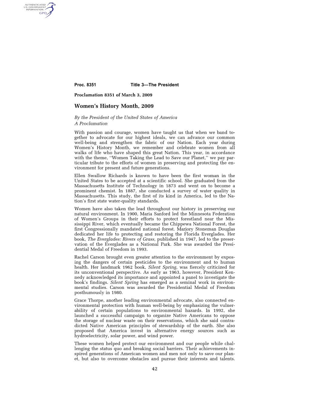 Proclamation 8351 of March 3, 2009. Women's History Month, 2009