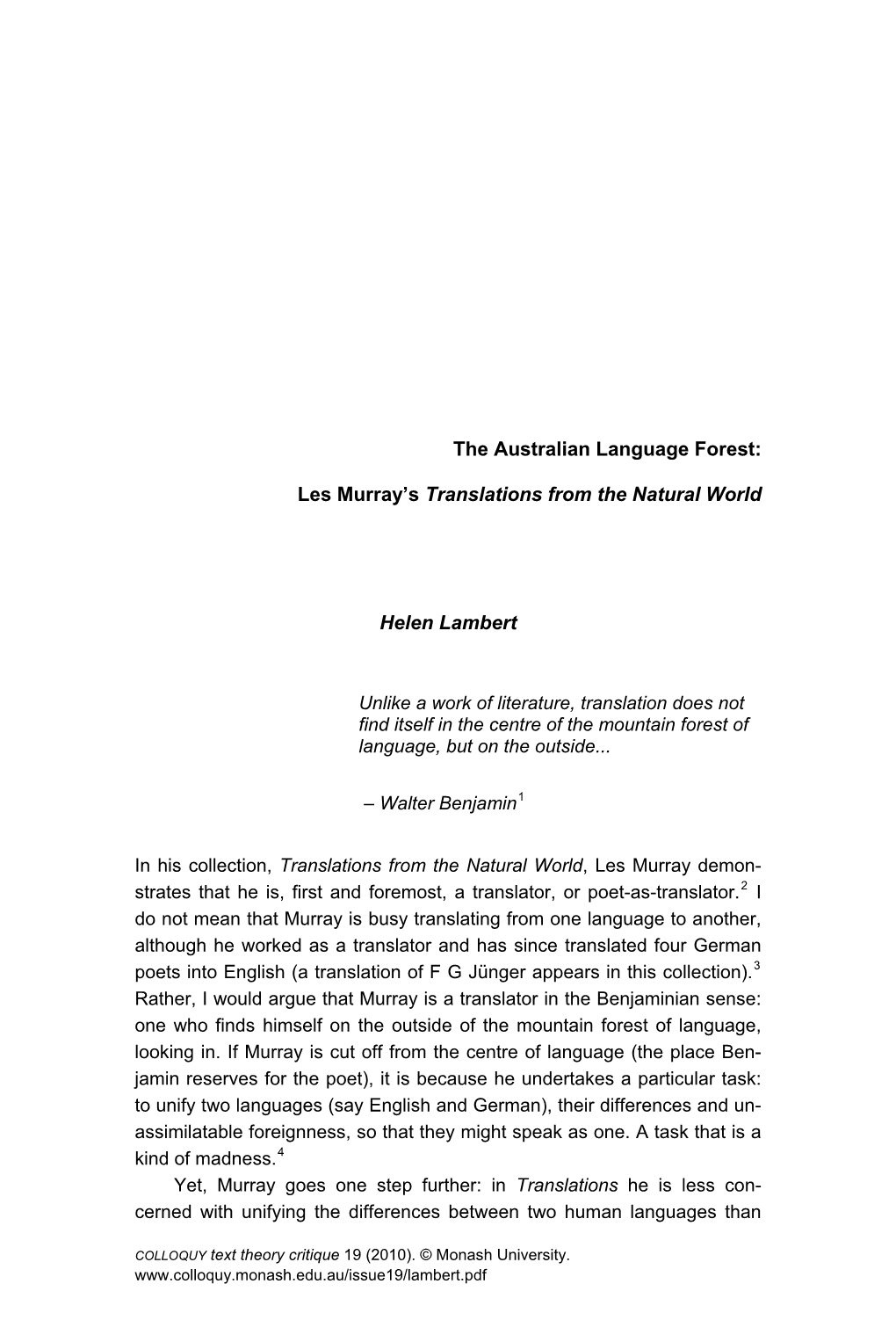 The Australian Language Forest: Les Murray's Translations from The