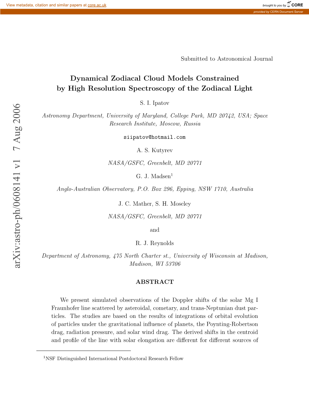 Arxiv:Astro-Ph/0608141 V1 7 Aug 2006 Eateto Srnm,45Nrhcatrs