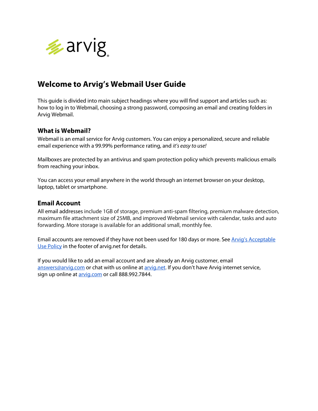 Welcome to Arvig's Webmail User Guide