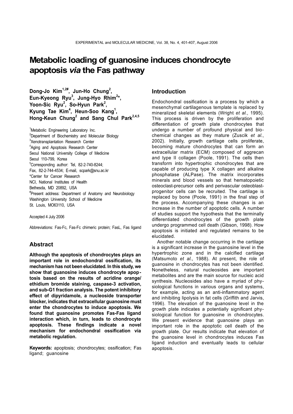 Metabolic Loading of Guanosine Induces Chondrocyte Apoptosis Via the Fas Pathway