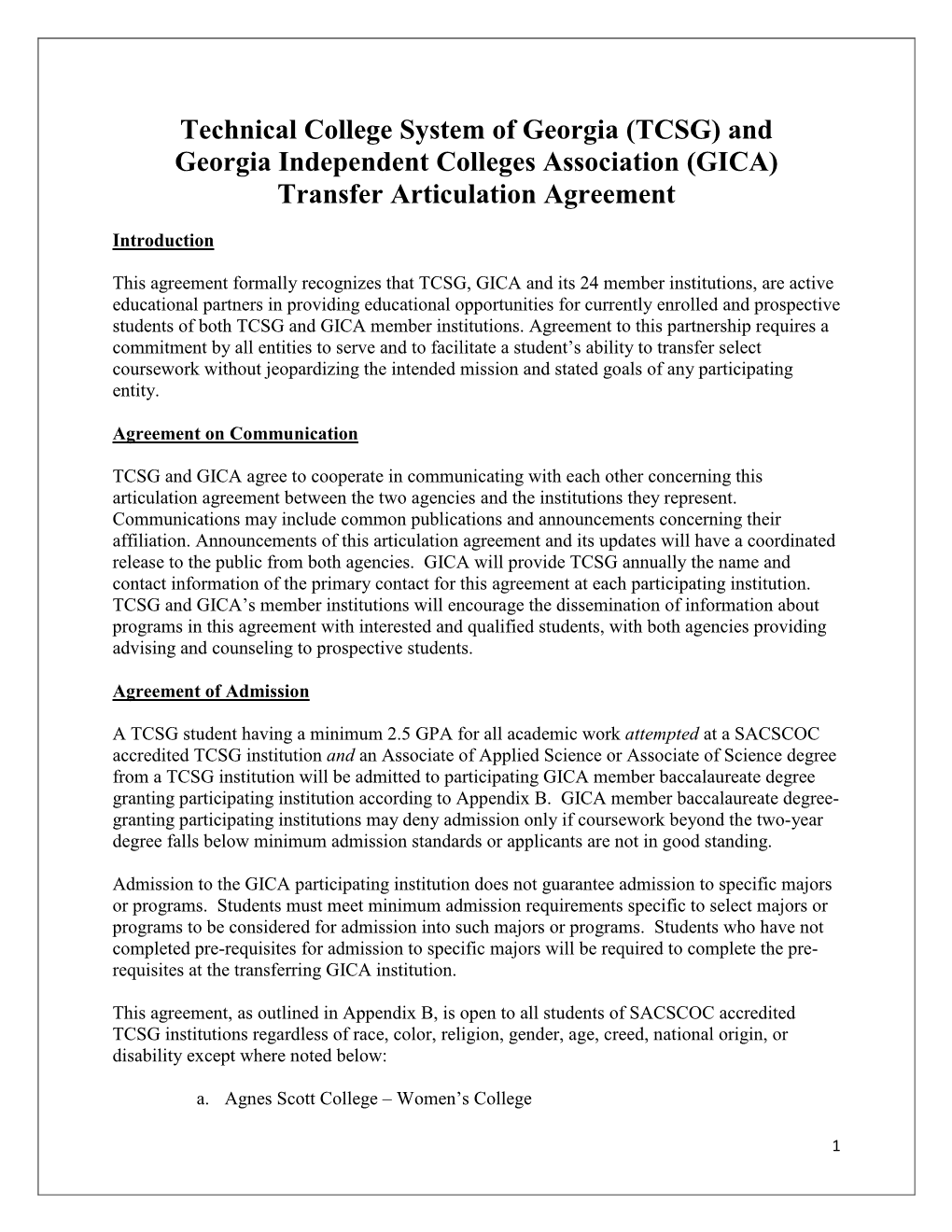 Technical College System of Georgia (TCSG) and Georgia Independent Colleges Association (GICA) Transfer Articulation Agreement