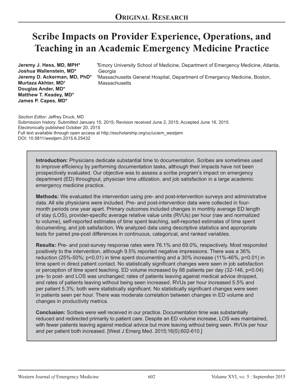 Scribe Impacts on Provider Experience, Operations, and Teaching in an Academic Emergency Medicine Practice